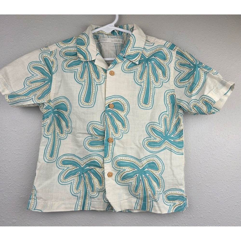 Zara Kids Boys Palm Tree Print Short Sleeve Button Down Shirt Size 2 Years